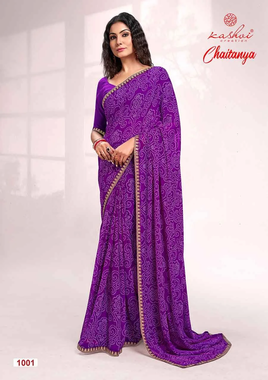 Kashvi Creation Chaitanya Bandhej Georgette Wholesale Sarees Catalog — Wholesale Sarees, Kashvi Creation wholesale from Surat - Gallery Image 3